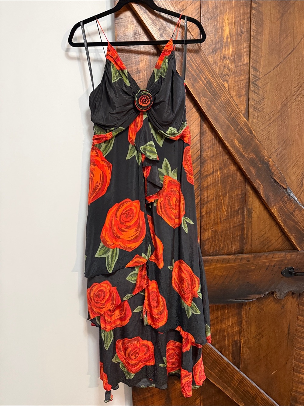 FARM Rio Black Dress with Large Red Rose Print and Rosette Detail